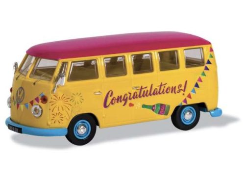 1:43 Volkswagen T1 Camper Van *Congratulation*, sárga/kék/piros