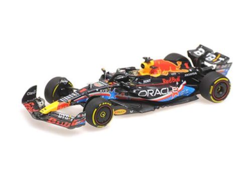 1:43 2023 Oracle piros Bull Racing RB19 #1 Max Verstappen Winner Austin GP, kék/piros/sárga